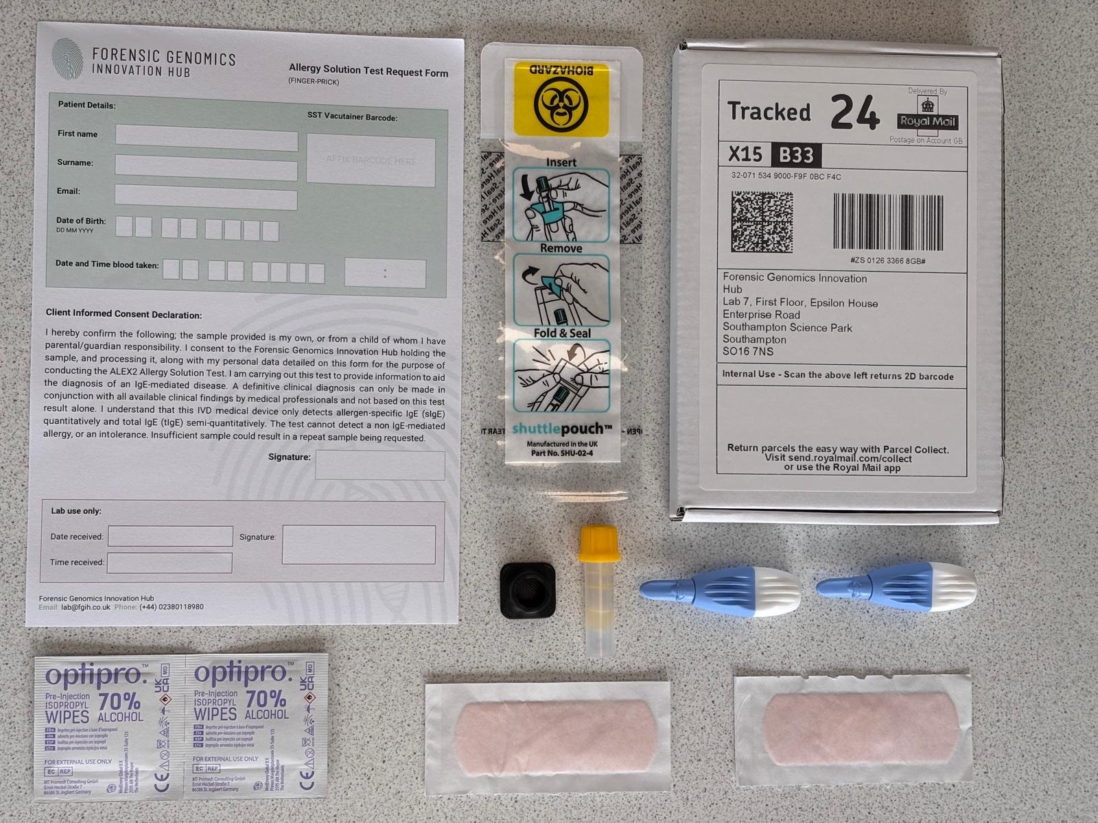 Contents of fingerprick kit