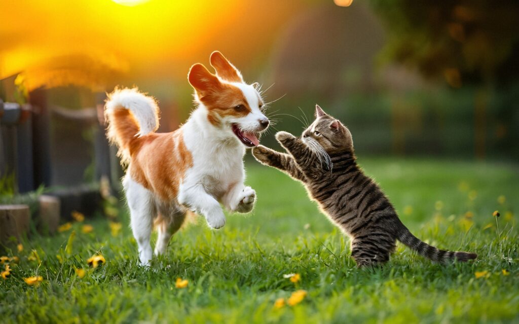 cat and dog playing